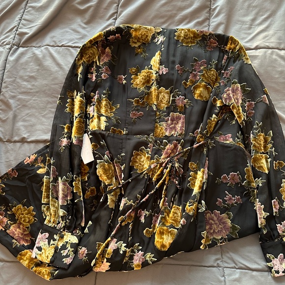 Astr the Label Women’s Midi Wrap Dress, Size M, Black Yellow Flowers, Velvet - Picture 2 of 4